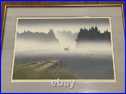 Japanese Signed Woodblock Print Seaside Landscape with Figure in Boat LE 49/180