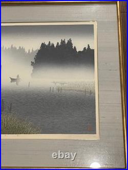 Japanese Signed Woodblock Print Seaside Landscape with Figure in Boat LE 49/180