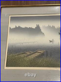 Japanese Signed Woodblock Print Seaside Landscape with Figure in Boat LE 49/180