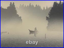 Japanese Signed Woodblock Print Seaside Landscape with Figure in Boat LE 49/180