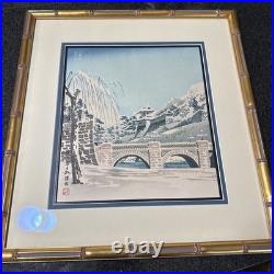 Japanese TOKURIKI TOMIKICHIRO Woodblock Snowy Scene Nijubashi Bridge In Tokyo