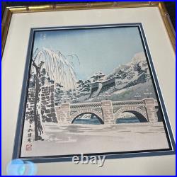 Japanese TOKURIKI TOMIKICHIRO Woodblock Snowy Scene Nijubashi Bridge In Tokyo