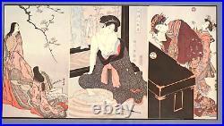 Japanese Triptych Woodblock Print Geishas On Bathing Nicely Matted & Framed