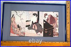 Japanese Triptych Woodblock Print Geishas On Bathing Nicely Matted & Framed