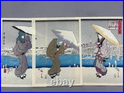 Japanese Ukiyoe, woodcut print, Hiroshige, Evening Snow at Asakusa, triptych