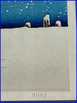 Japanese Ukiyoe, woodcut print, Hiroshige, Evening Snow at Asakusa, triptych