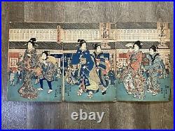 Japanese Utagawa Yoshikazu Woodblock Print Mid 19th Century Set Of 3 Geishas
