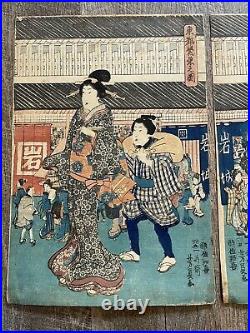 Japanese Utagawa Yoshikazu Woodblock Print Mid 19th Century Set Of 3 Geishas