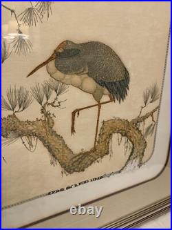 Japanese Woodblock Framed Print Titled'Crane On Pine Limb' By John Paul Morgan