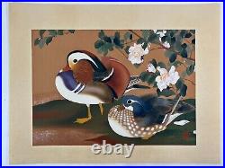 Japanese Woodblock Print Camellia and mandarin duck Rakuzan Original Vintage