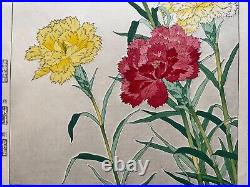 Japanese Woodblock Print Carnation Kawarazaki Shodo Flower Vintage Original