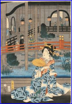 Japanese Woodblock Print Hiroshige II Cathouse in Yokohama Miyozaki-cho Triptych