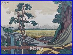 Japanese Woodblock Print Hokusai Landscape Bridge Waterfall