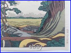 Japanese Woodblock Print Hokusai Landscape Bridge Waterfall