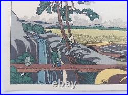 Japanese Woodblock Print Hokusai Landscape Bridge Waterfall