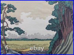 Japanese Woodblock Print Hokusai Landscape Bridge Waterfall