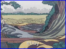 Japanese Woodblock Print Hokusai Landscape Bridge Waterfall