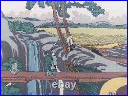 Japanese Woodblock Print Hokusai Landscape Bridge Waterfall