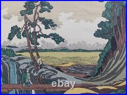 Japanese Woodblock Print Hokusai Landscape Bridge Waterfall