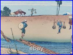 Japanese Woodblock Print Hokusai Mt Fuji Over The River Bank