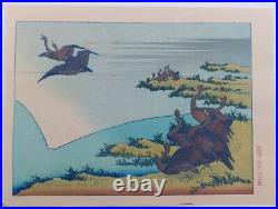 Japanese Woodblock Print Hokusai Pond Mount Fuji Reflection & Geese