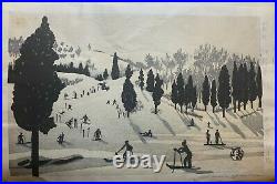 Japanese Woodblock Print Hosona Ski Ground Winter Scene Okuyama Gihachiro