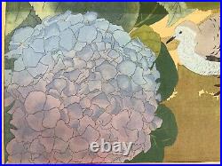 Japanese Woodblock Print Hydrangea and Collared Turtledoves Rakuzan Original