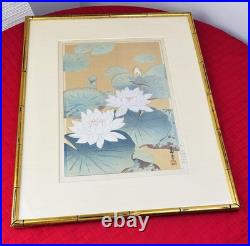 Japanese Woodblock Print Lotus Flowers Harunobu Signed Sealed Shin Hang c 1910