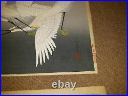 Japanese Woodblock Print Old or Antique Hawk and Cranes 2 Pcs