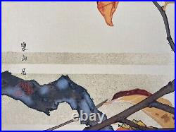 Japanese Woodblock Print Persimmon and Shrike Rakuzan Bird Vintage Original