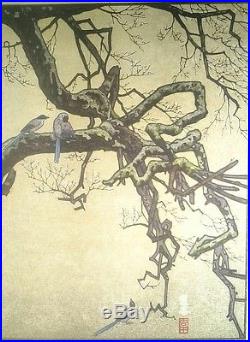 Japanese Woodblock Print'Plum Tree and Blue Magpie' by Toshi Yoshida