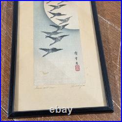 Japanese Woodblock Print Signed By Artist Hiroshige Geese & Moon glass frame