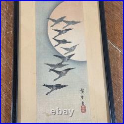 Japanese Woodblock Print Signed By Artist Hiroshige Geese & Moon glass frame
