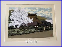 Japanese Woodblock Print Signed, Numbered Landscape Cherry Blossom Trees