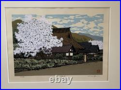 Japanese Woodblock Print Signed, Numbered Landscape Cherry Blossom Trees