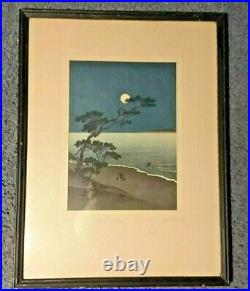 Japanese Woodblock Print Signed Yoshimune Arai Suma Beach By Moonlight Framed