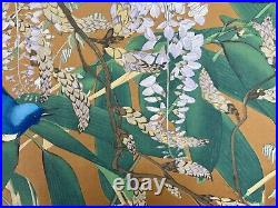 Japanese Woodblock Print Wisteria, Green Bamboo and Blue Robin Rakuzan Vintage