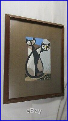 Japanese Woodblock Print by Tomoo Inagaki Two Cats Cubistic, Abstract Mid Century