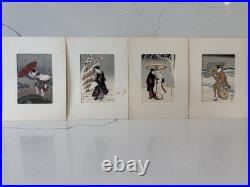 Japanese Woodblock Prints, Harunobu Suzuki, Rare Vintage Art, Set Of 4, Matted