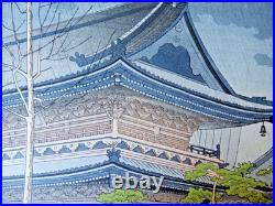 Japanese Woodblock, Rain at Higashi-Honganji Temple Kyoto by Takeji Asano c. 1980