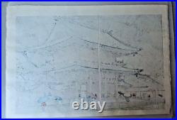 Japanese Woodblock, Rain at Higashi-Honganji Temple Kyoto by Takeji Asano c. 1980