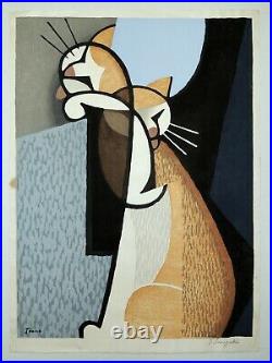 Japanese Woodblock by Tomoo Inagaki Cat Waking Up c. 1955 Pencil Signed