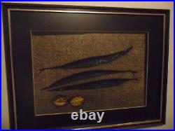 Japanese artist Tamami Shima woodblock print Fish and Lemons 1965 signed/framed