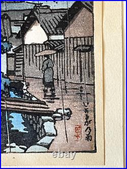 Japanese woodblock print Ikaruga in Rain VG Condition