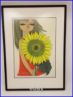 Japanese woodblock print Shuzo Ikeda Girl with Sunflower 51/100'69 framed signe