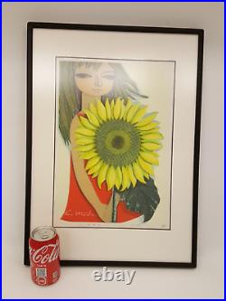 Japanese woodblock print Shuzo Ikeda Girl with Sunflower 51/100'69 framed signe