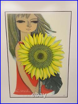 Japanese woodblock print Shuzo Ikeda Girl with Sunflower 51/100'69 framed signe