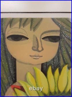 Japanese woodblock print Shuzo Ikeda Girl with Sunflower 51/100'69 framed signe