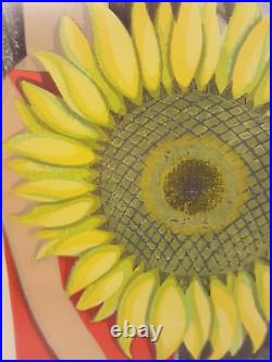 Japanese woodblock print Shuzo Ikeda Girl with Sunflower 51/100'69 framed signe