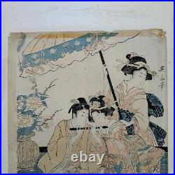Japanese woodblock print of Eizan Kikugawa. Two geisha and a lover
